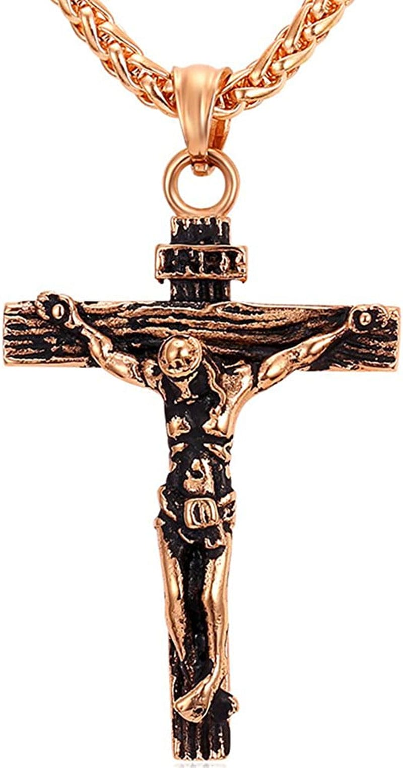 Catholic Gift Stainless Steel 18K Gold Plated Coin Medal/Crucifix Cross/Virgin Mary/Rosary Necklaces for Women Men F.Crucifix Cross-Rose Gold-24"