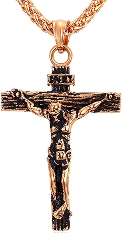 Catholic Gift Stainless Steel 18K Gold Plated Coin Medal/Crucifix Cross/Virgin Mary/Rosary Necklaces for Women Men F.Crucifix Cross-Rose Gold-24"