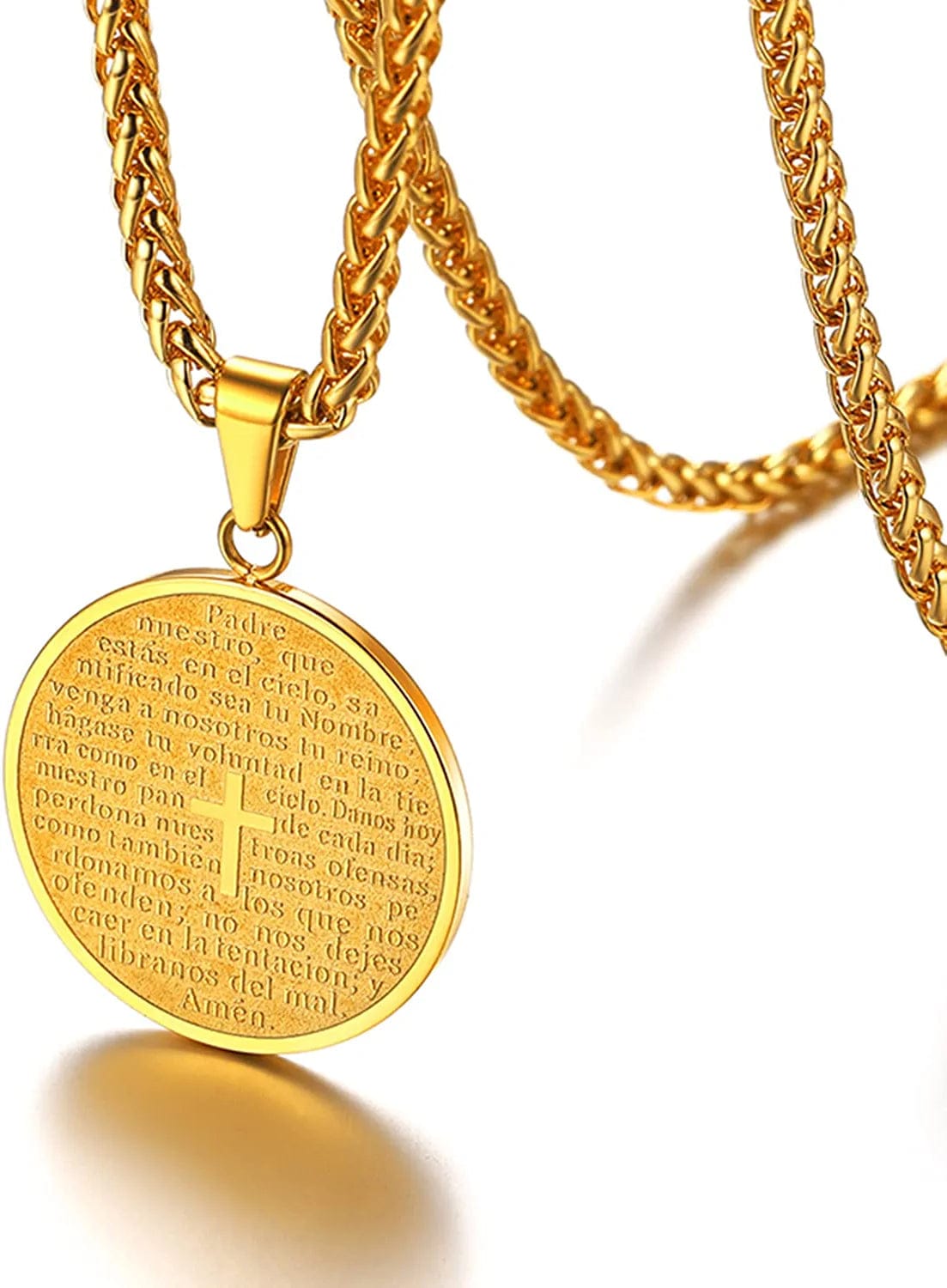 Catholic Gift Stainless Steel 18K Gold Plated Coin Medal/Crucifix Cross/Virgin Mary/Rosary Necklaces for Women Men A.Lords Prayer Medal-Gold