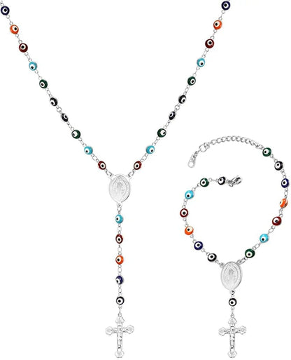 Catholic Gift Stainless Steel 18K Gold Plated Coin Medal/Crucifix Cross/Virgin Mary/Rosary Necklaces for Women Men C.Rosary Set-Colorful Turquoise Stainless