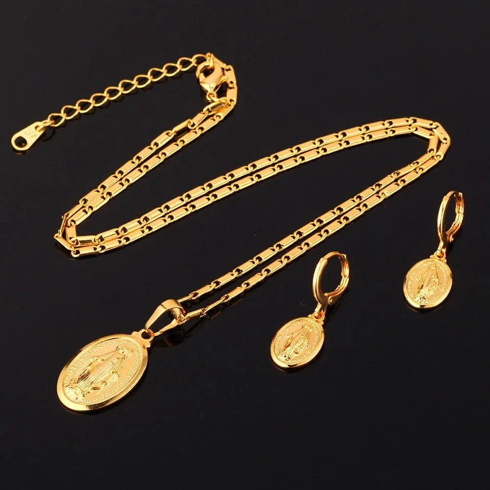 Catholic Gift Stainless Steel 18K Gold Plated Coin Medal/Crucifix Cross/Virgin Mary/Rosary Necklaces for Women Men