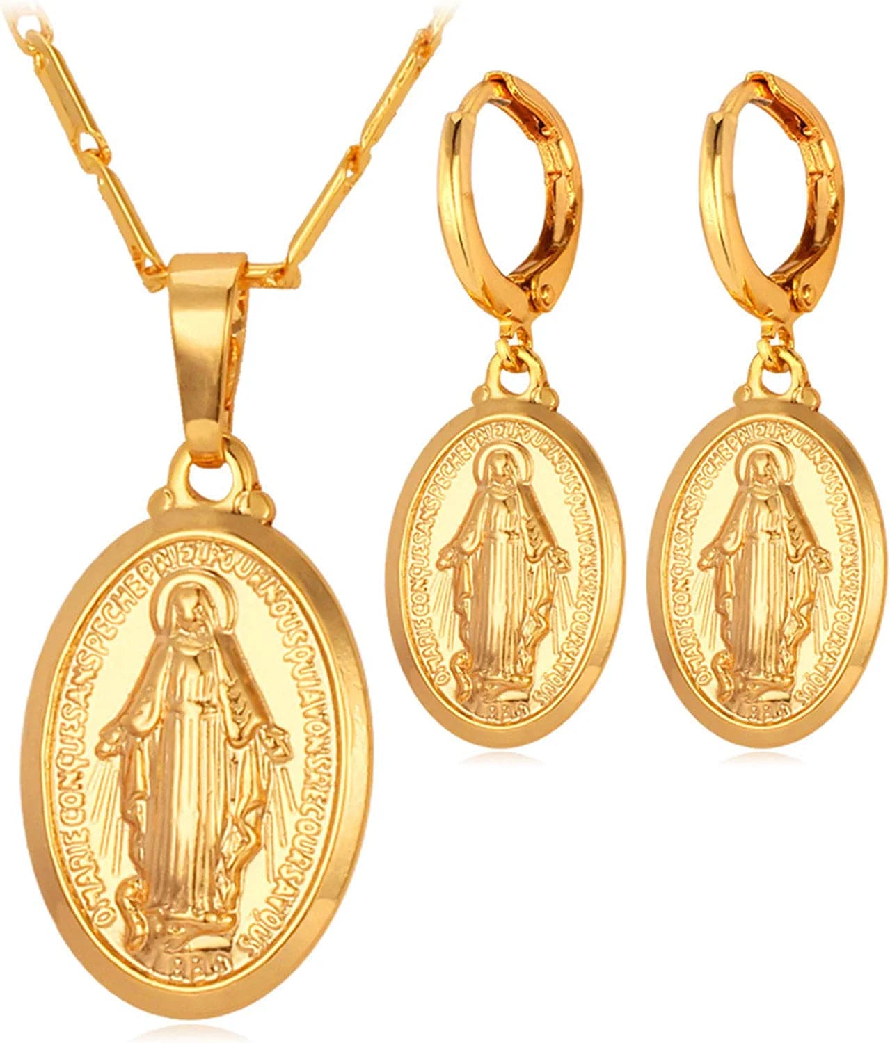 Catholic Gift Stainless Steel 18K Gold Plated Coin Medal/Crucifix Cross/Virgin Mary/Rosary Necklaces for Women Men B.Virgin Mary Necklace+Earrings-Gold