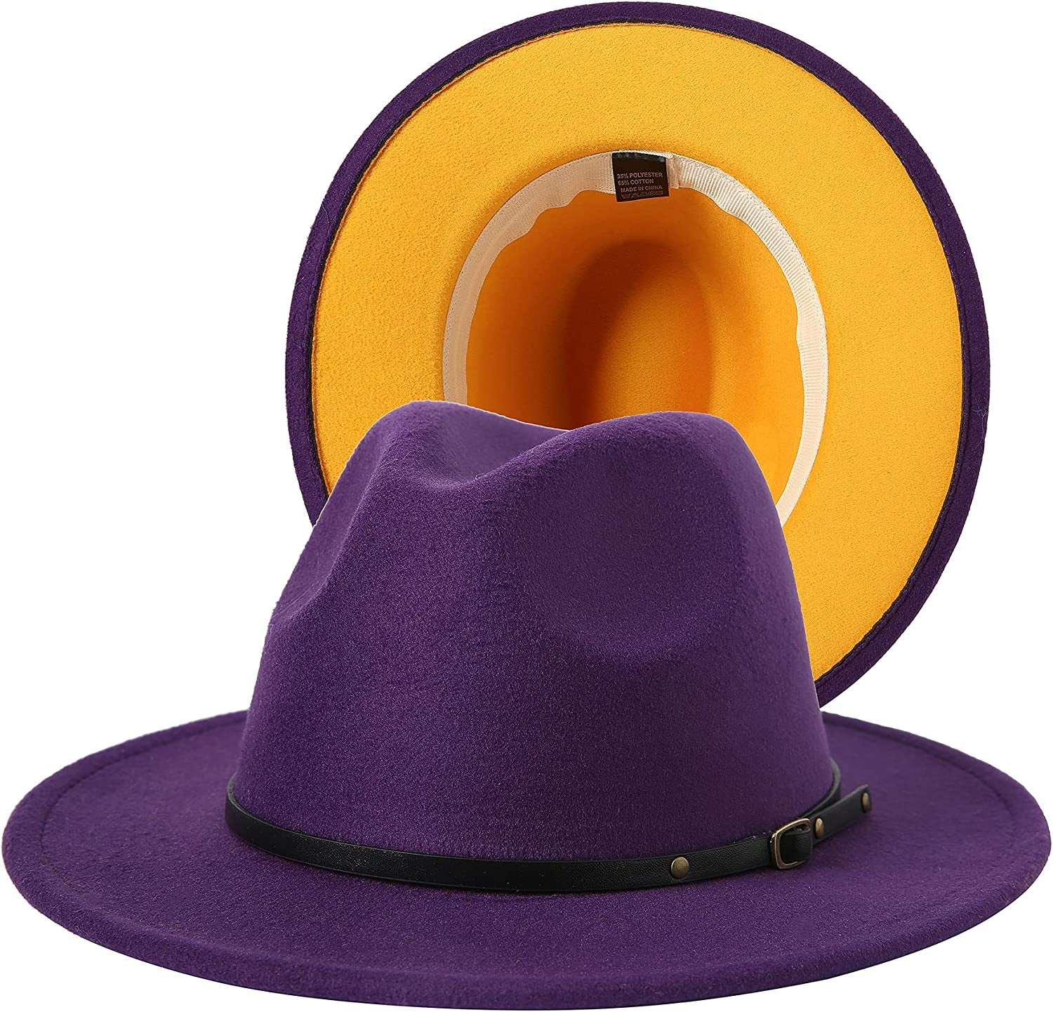 JOYEBUY Women Lady Two Tone Wide Brim Panama Hat Patchwork Colors Classic Fedora Hat with Belt Buckle Apparel & Accessories > Clothing Accessories > Hats JOYEBUY Purple/Yellow One Size 