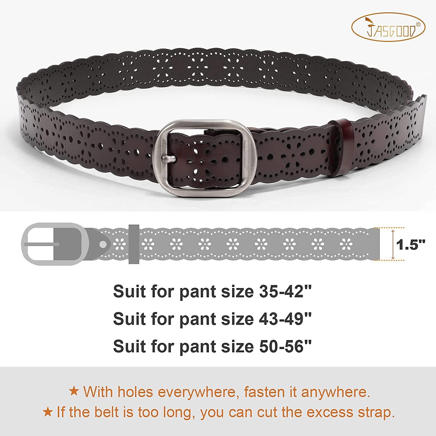 JASGOOD Women'S plus Size Belt, Hollow Flower Leather Belt for Jeans Pants Wide Belt with Metal Buckle Apparel & Accessories > Clothing Accessories > Belts KYLIE MAX   