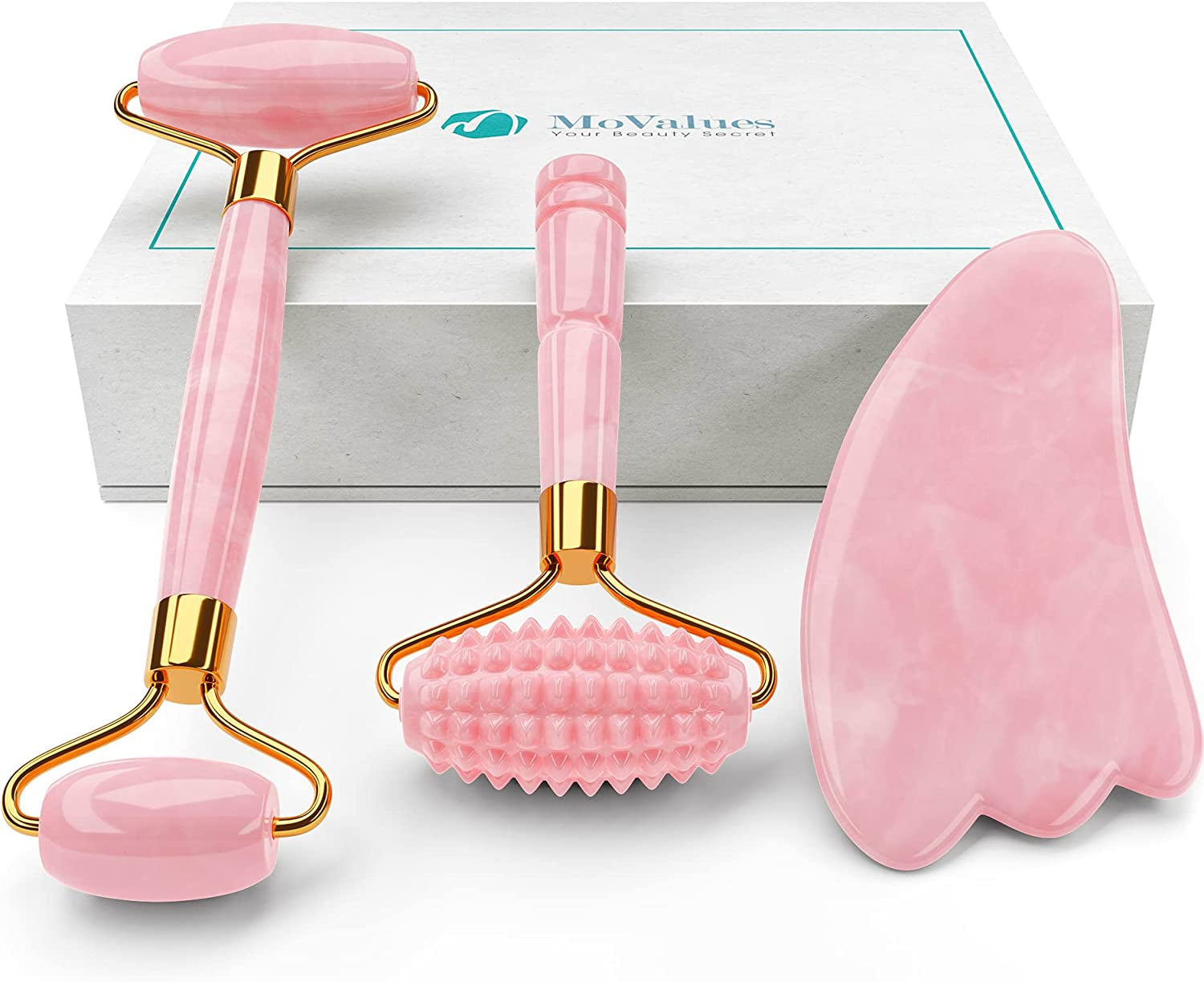 Pink Jade Roller and Gua Sha Set. Rose Quartz Roller with Eye Massager, Jade Gua Sha, Ridged Roller Massager. Jade Roller for Face Real Jade 100% Jade Stone Roller. Warm Facial Massager or Ice Roller Health & Beauty > Personal Care > Cosmetics > Cosmetic Tools > Skin Care Tools MoValues   