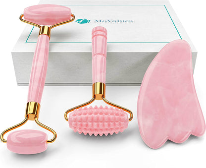 Pink Jade Roller and Gua Sha Set. Rose Quartz Roller with Eye Massager, Jade Gua Sha, Ridged Roller Massager. Jade Roller for Face Real Jade 100% Jade Stone Roller. Warm Facial Massager or Ice Roller Health & Beauty > Personal Care > Cosmetics > Cosmetic Tools > Skin Care Tools MoValues   