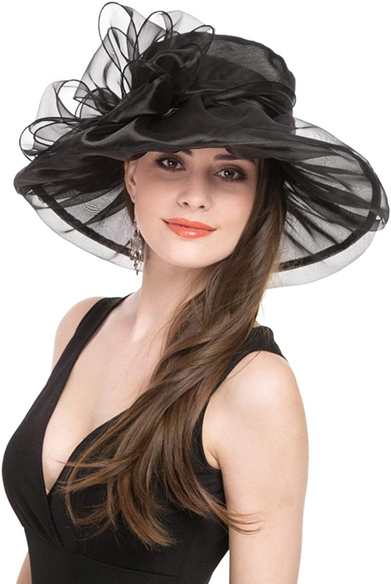 Lucky Leaf Women Kentucky Derby Church Cap Wide Brim Summer Sun Hat for Party Wedding Apparel & Accessories > Clothing Accessories > Headwear Lucky Leaf 1-black  