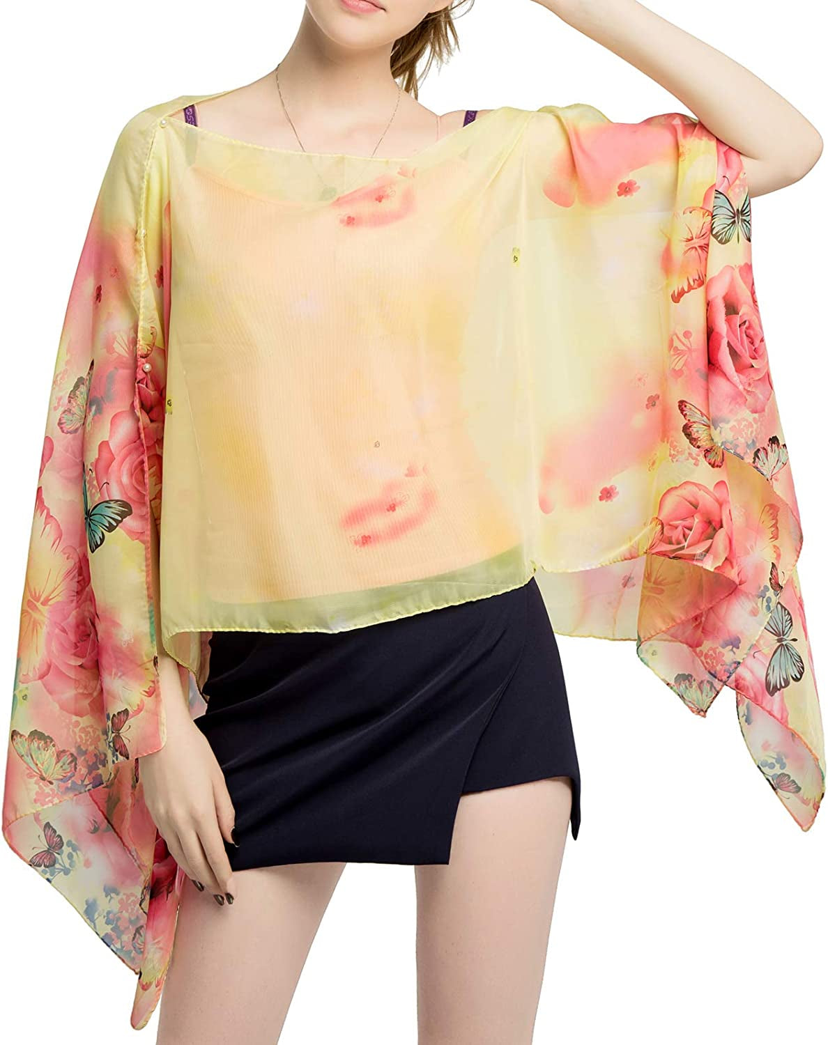 Women'S Chiffon Scarve Shawls Wraps Qunsia Floral Poncho Bikini Cover up Tops Apparel & Accessories > Clothing Accessories > Scarves & Shawls Qunsia   