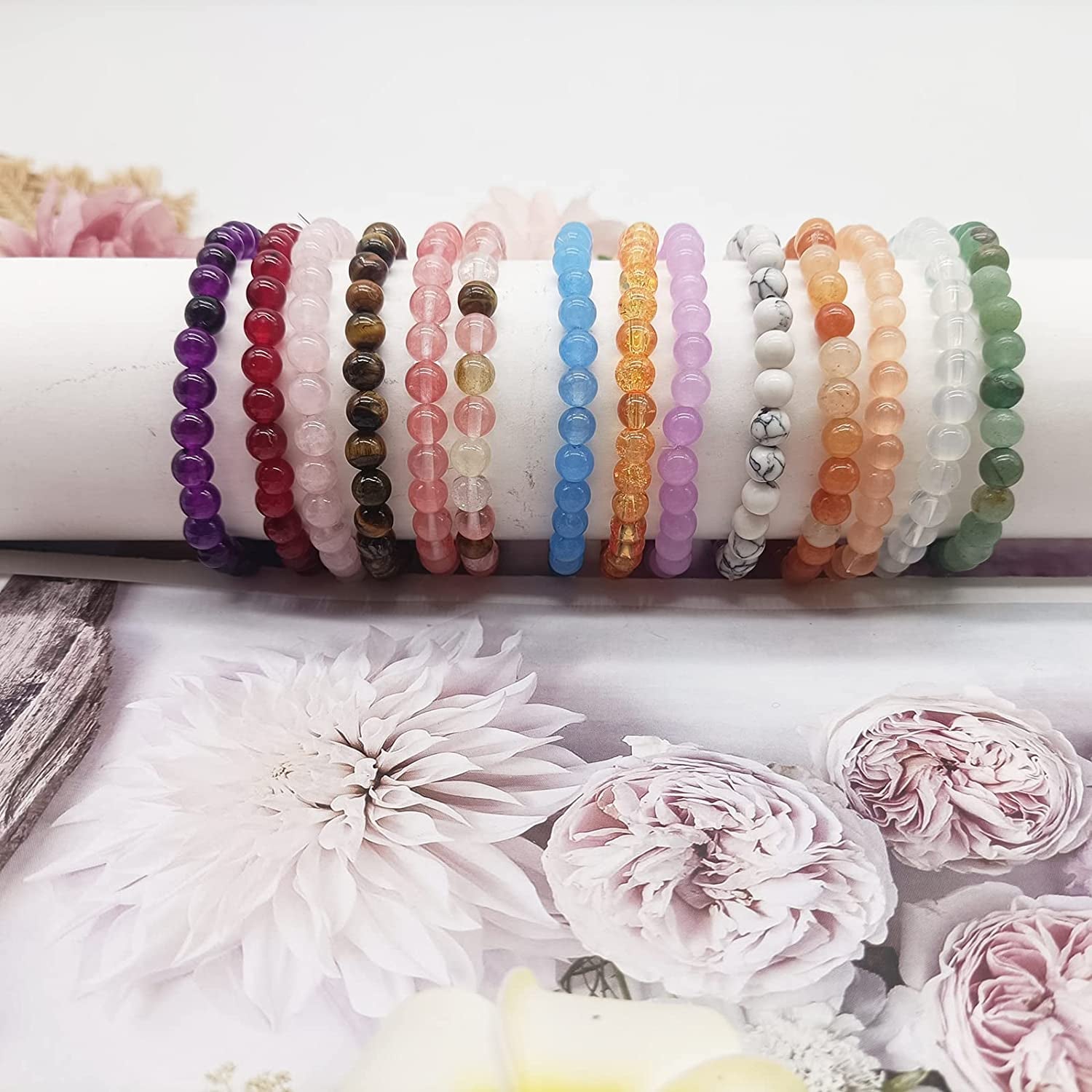 SONNYX 14Pcs 6Mm Semi Precious Gemstone Beaded Bracelets for Women Men Tiny Crushed Stone Crystal Bracelet Stretch Bead Bracelet Unisex Jewelry Apparel & Accessories > Jewelry > Bracelets SONNYX   