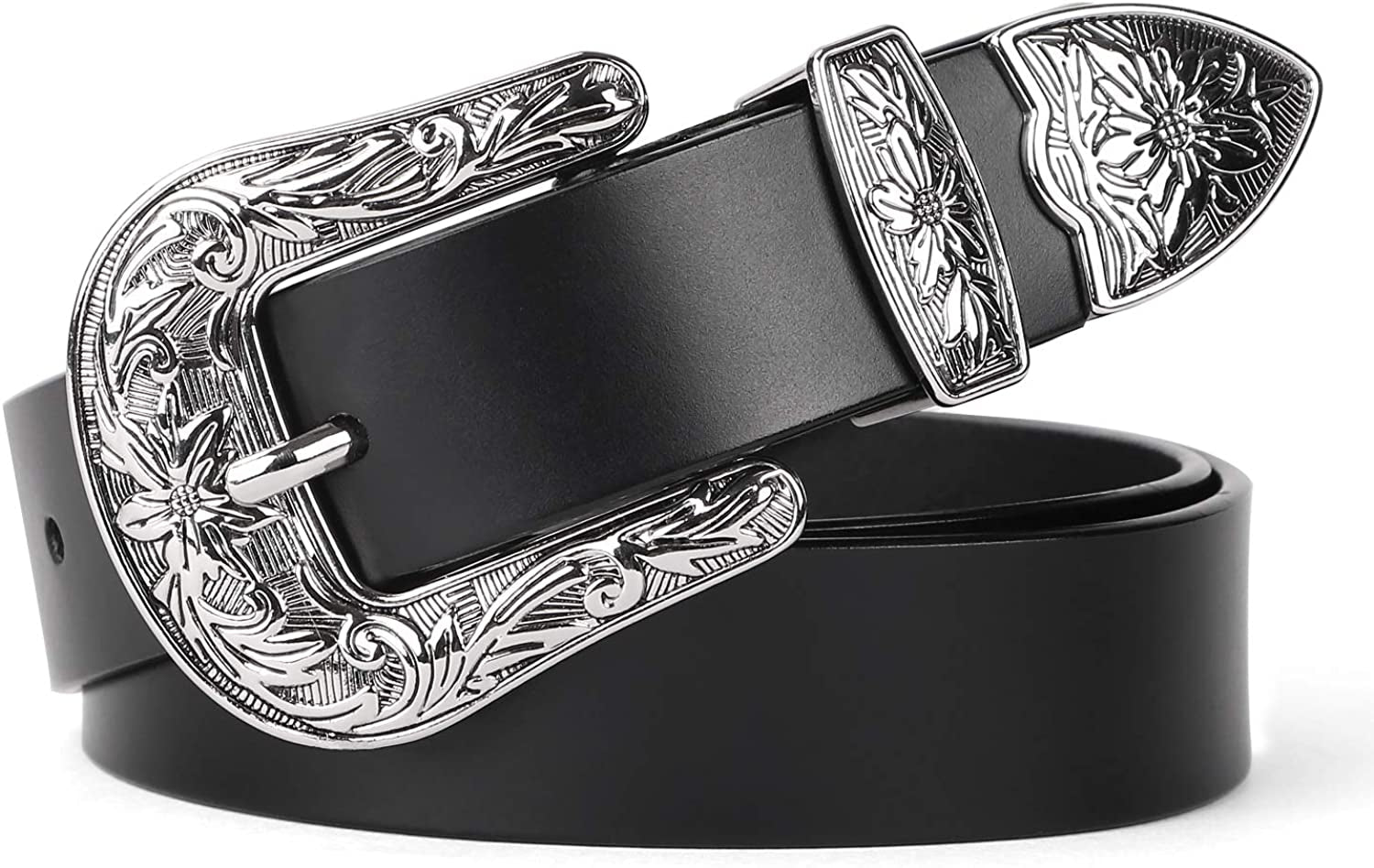 Women Leather Belts Ladies Vintage Western Design Black Waist Belt for Pants Jeans Dresses Apparel & Accessories > Clothing Accessories > Belts KYLIE MAX G-shinning Buckle Suit Waist Size 23"-27" 