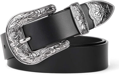 Women Leather Belts Ladies Vintage Western Design Black Waist Belt for Pants Jeans Dresses Apparel & Accessories > Clothing Accessories > Belts KYLIE MAX G-shinning Buckle Suit Waist Size 23"-27" 
