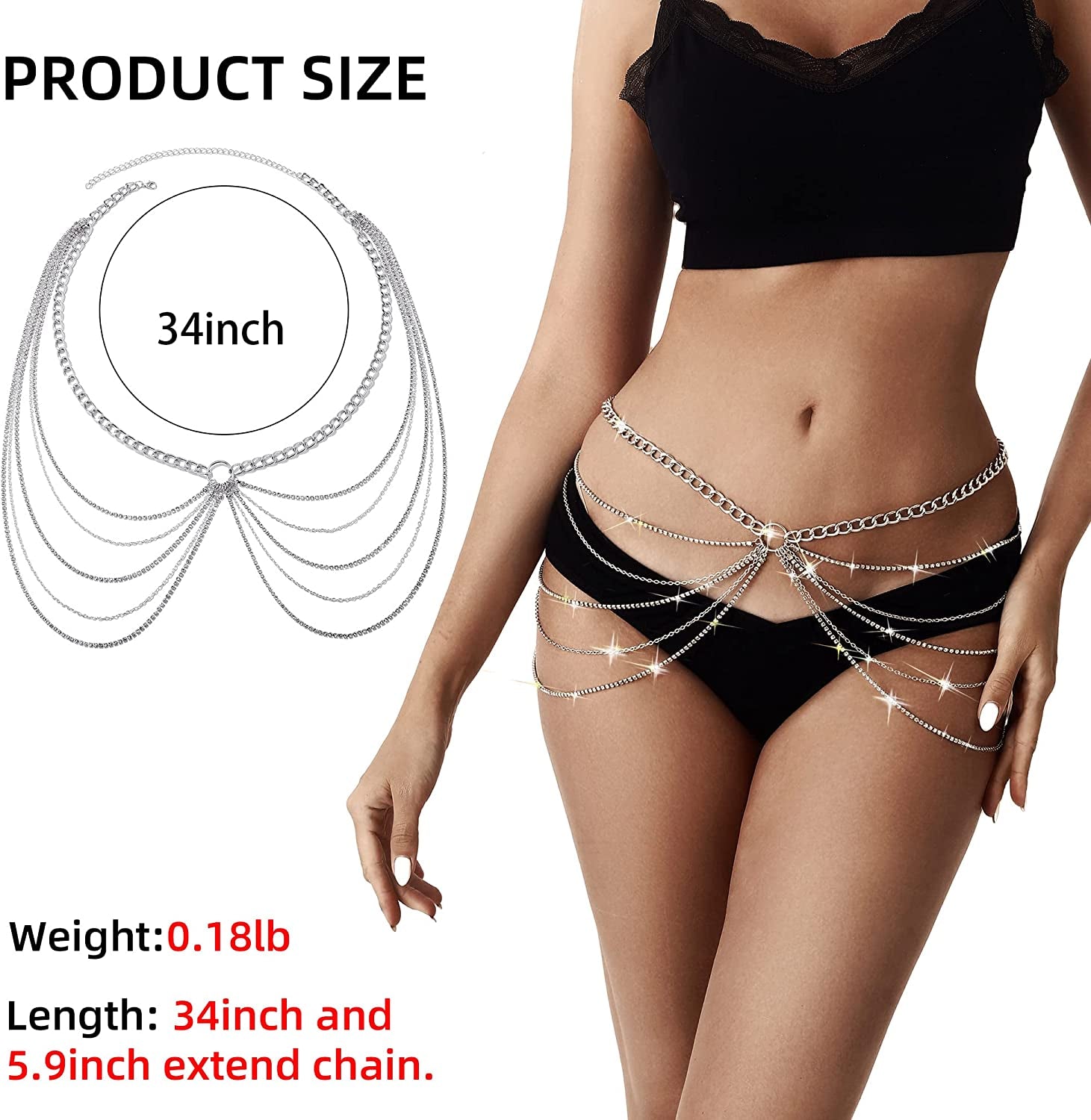 Rhinestone Body Chains Jewelry for Women and Girls Sexy Belly Waist Chain Bikini Beach Accessories Suitable for a Variety of Carnival Scenes Apparel & Accessories > Jewelry > Body Jewelry luyawang   