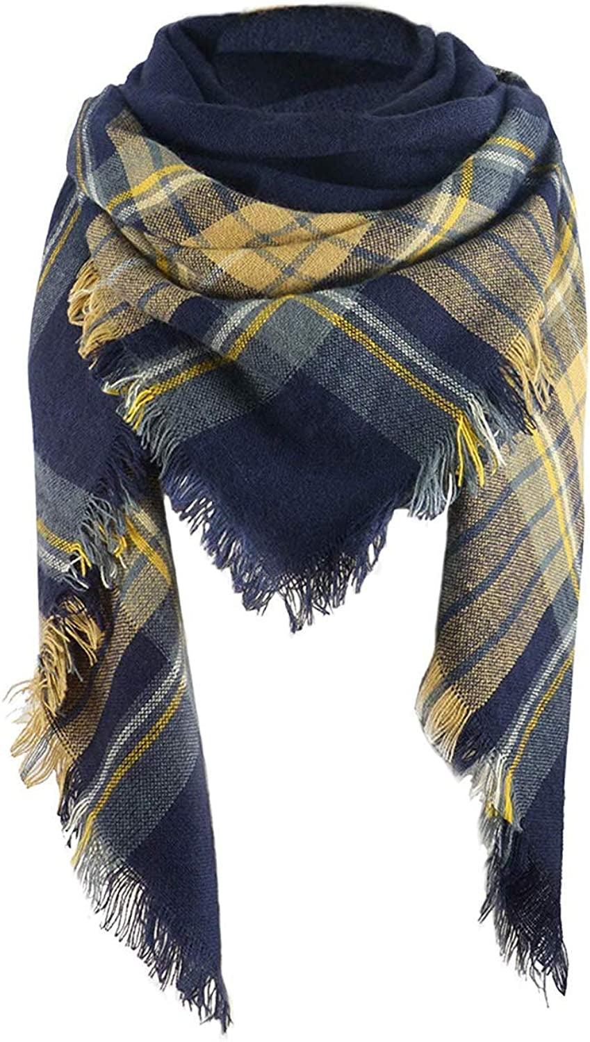 Century Star Women'S Stylish Warm Tassels Soft Plaid Tartan Scarf Winter Large Blanket Wrap Shawl Apparel & Accessories > Clothing Accessories > Scarves & Shawls Century Star Navy Yellow One Size 