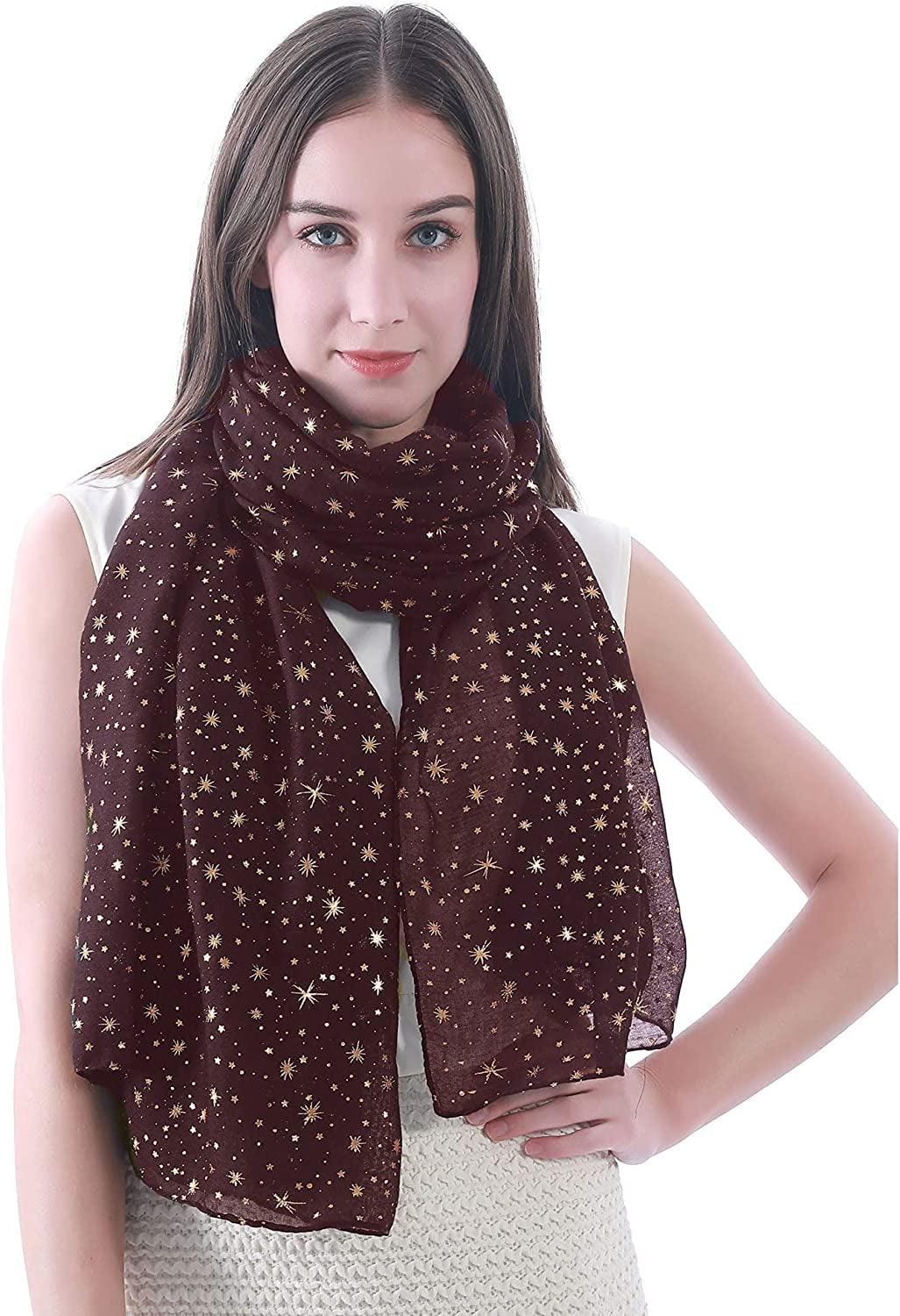Lina & Lily Silver Gold Glitters Shimmer Foil Stars Women Scarf Shawl Wrap Apparel & Accessories > Clothing Accessories > Scarves & Shawls Lina & Lily Brown (Gold Stars)  