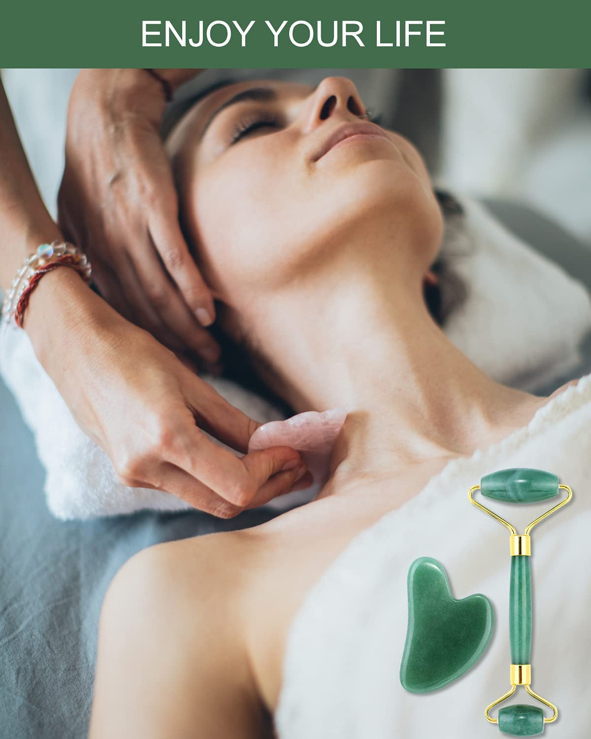 Guasha Tool for Face, Jade Roller Gua Sha Massage Tool Set, Beauty Facial Skin Care Massager for Muscle Relaxing and Wrinkles Relieve - Green Natural Jade Stone Health & Beauty > Personal Care > Cosmetics > Cosmetic Tools > Skin Care Tools KNQZE   