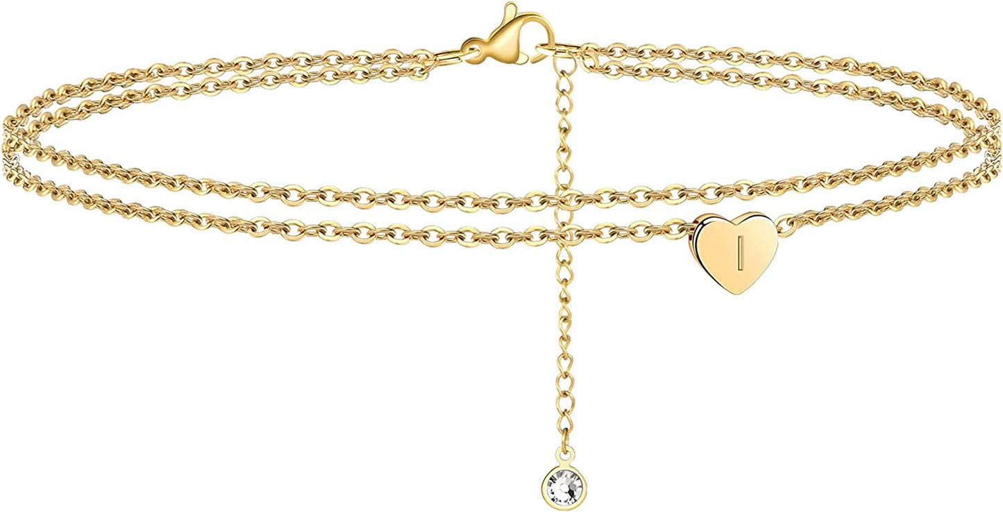 Turandoss Heart Initial Ankle Bracelets for Women, 14K Gold Filled Handmade Dainty Layered Anklet Letter Initial Heart Ankle Bracelets for Women Beach Jewelry Gifts Apparel & Accessories > Jewelry > Anklets Turandoss I  
