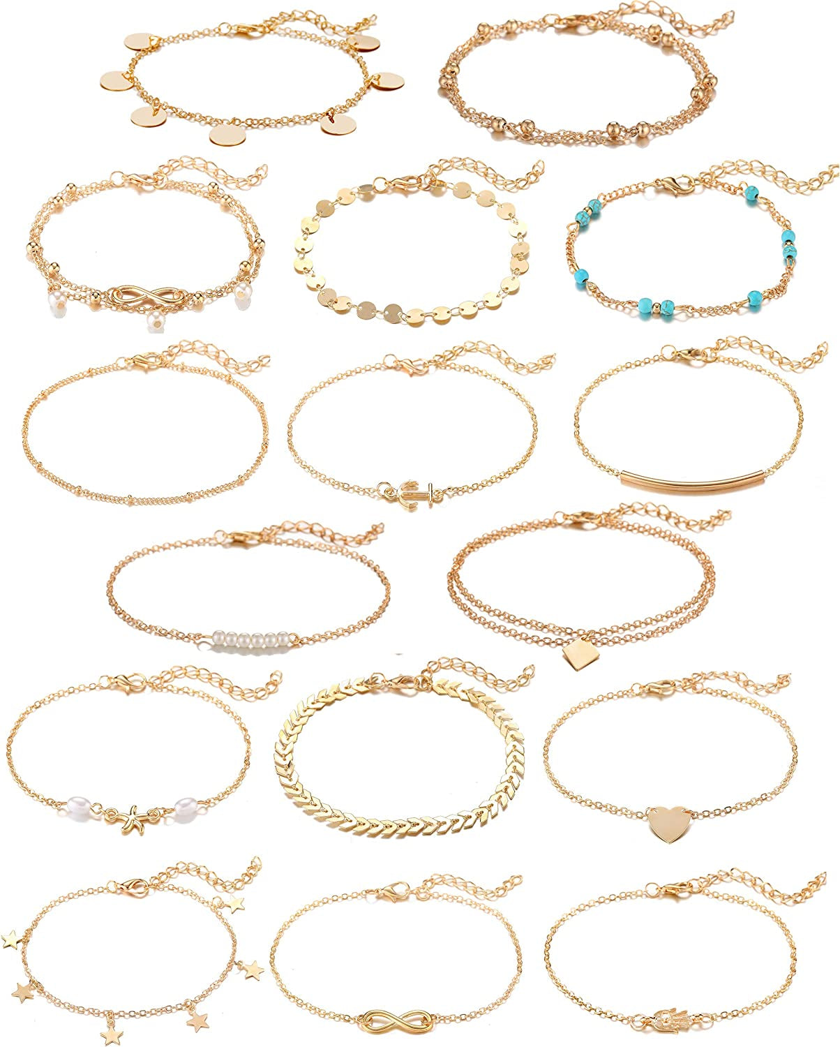 Softones 16Pcs Ankle Bracelets for Women Girls Gold Silver Two Style Chain Beach Anklet Bracelet Jewelry Anklet Set,Adjustable Size Apparel & Accessories > Jewelry > Anklets Softones B:Gold  