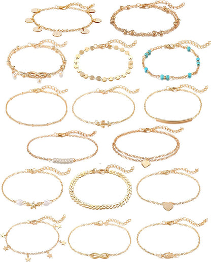 Softones 16Pcs Ankle Bracelets for Women Girls Gold Silver Two Style Chain Beach Anklet Bracelet Jewelry Anklet Set,Adjustable Size Apparel & Accessories > Jewelry > Anklets Softones B:Gold  