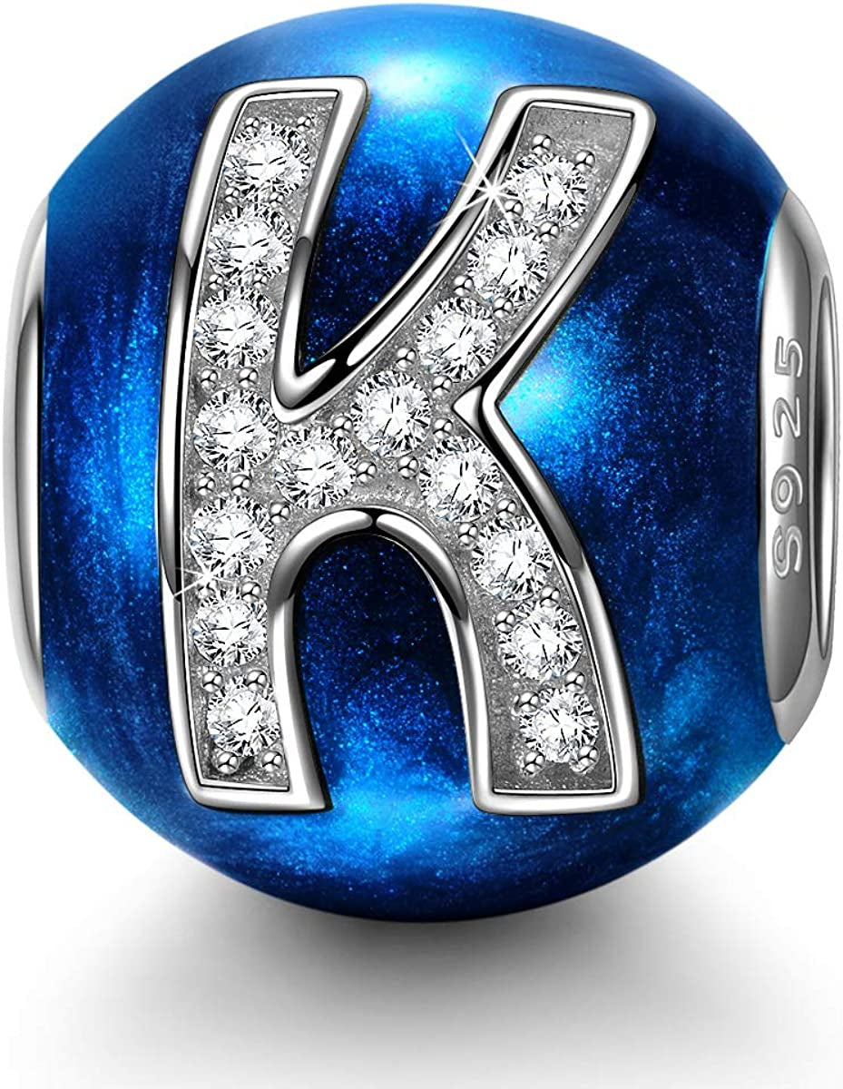 NINAQUEEN Letter Charms A-Z Beads, 925 Sterling Silver with Enamel and Cubic Zirconia, Fit Charms Bracelet and Necklace, Jewelry Box for Personalized Gift Apparel & Accessories > Jewelry > Bracelets NINAQUEEN K  