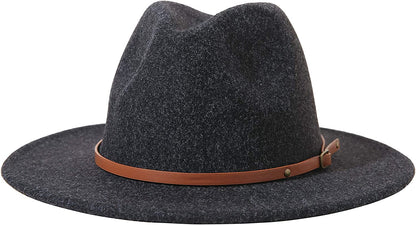 Lanzom Women Lady Felt Fedora Hat Wide Brim Wool Panama Hats with Band Apparel & Accessories > Clothing Accessories > Hats Lanzom E-black  