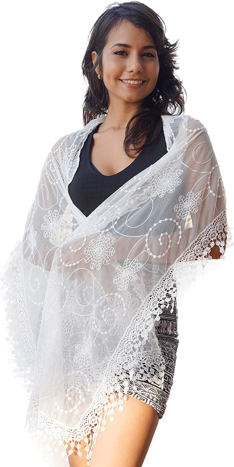 Women'S Lightweight Feminine Lace Teardrop Fringe Lace Scarf Vintage Scarf Mesh Crochet Tassel Cotton Scarf for Women Apparel & Accessories > Clothing Accessories > Scarves & Shawls Tan's White  