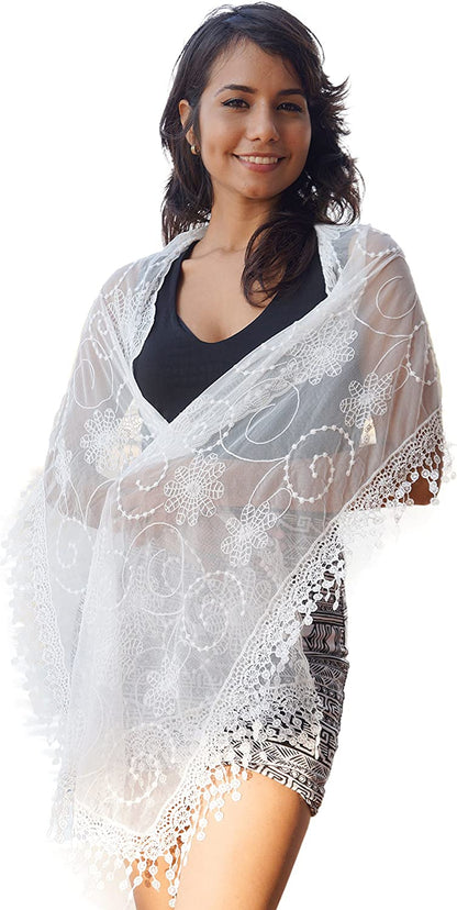 Women'S Lightweight Feminine Lace Teardrop Fringe Lace Scarf Vintage Scarf Mesh Crochet Tassel Cotton Scarf for Women Apparel & Accessories > Clothing Accessories > Scarves & Shawls Tan's White  