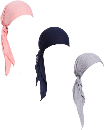 Pre Tied Chemo Head Scarf 3 Packed Beanie Skull Cover Cap for Women (Set6-Long Style) Apparel & Accessories > Clothing Accessories > Bandanas & Headties Qovelly D2-long Strap-3 Packed  