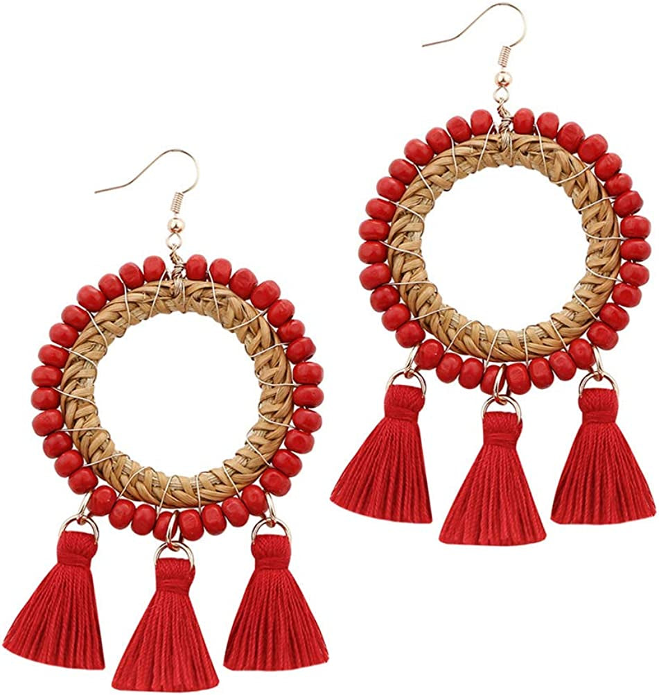 Bohemian Rattan Wooden Beads Fish Hook Circle/Teardrop Earrings Dangle Drop Jewelry for Women Girls Apparel & Accessories > Jewelry > Earrings VEETOO Round Red  