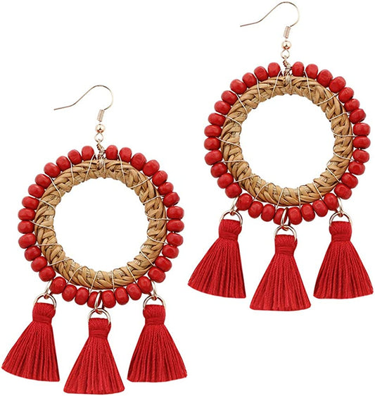Bohemian Rattan Wooden Beads Fish Hook Circle/Teardrop Earrings Dangle Drop Jewelry for Women Girls Apparel & Accessories > Jewelry > Earrings VEETOO Round Red  