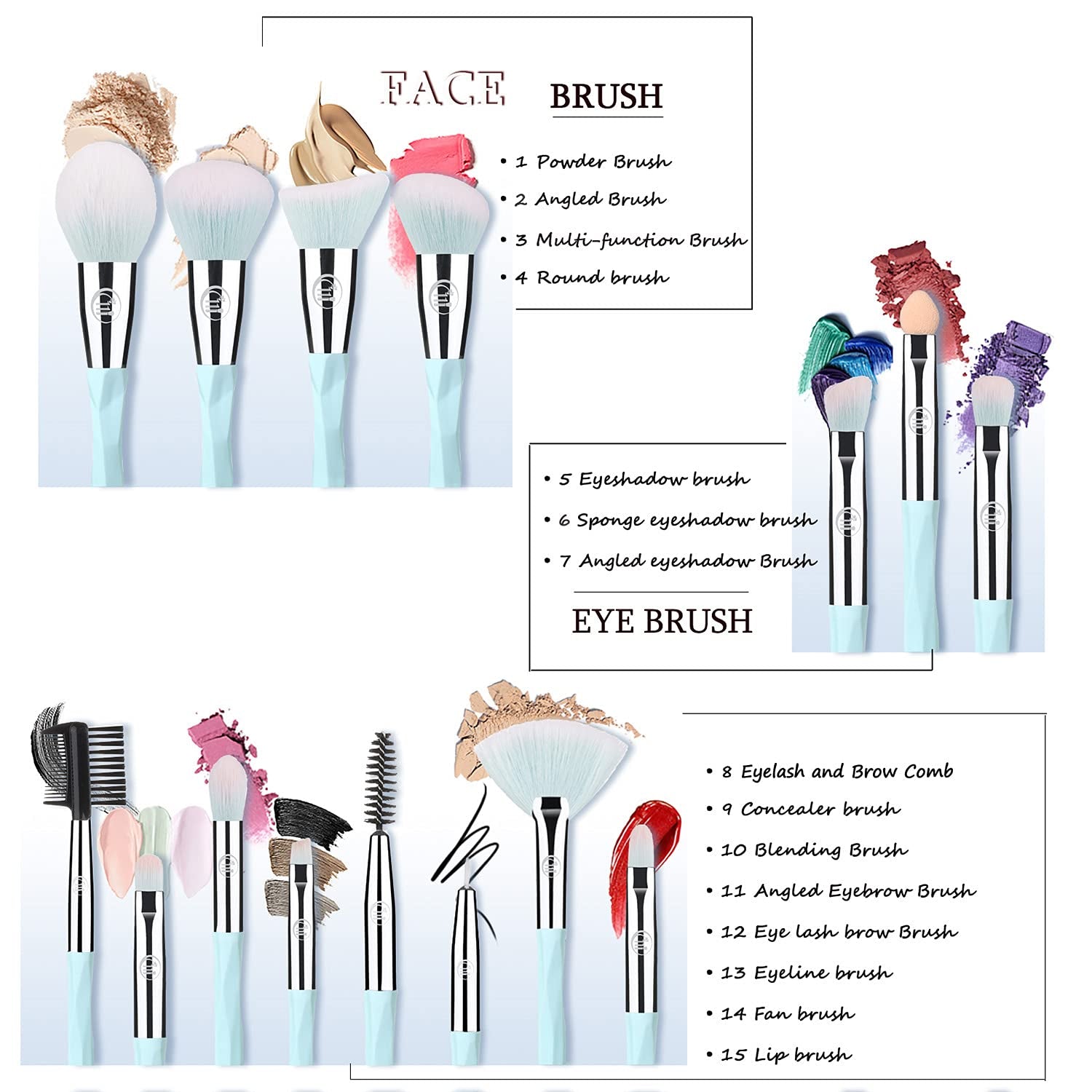 Makeup Brushes 15Pcs Makeup Brush Set with 3Pcs Makeup Sponge Soft Synthetic Hair Face Make up Brush Tools for Foundation, Powder, Eyeshadow, Eyebrow, Eyeliner, Blending (Blue)… Health & Beauty > Personal Care > Cosmetics > Cosmetic Tools > Makeup Tools 111   