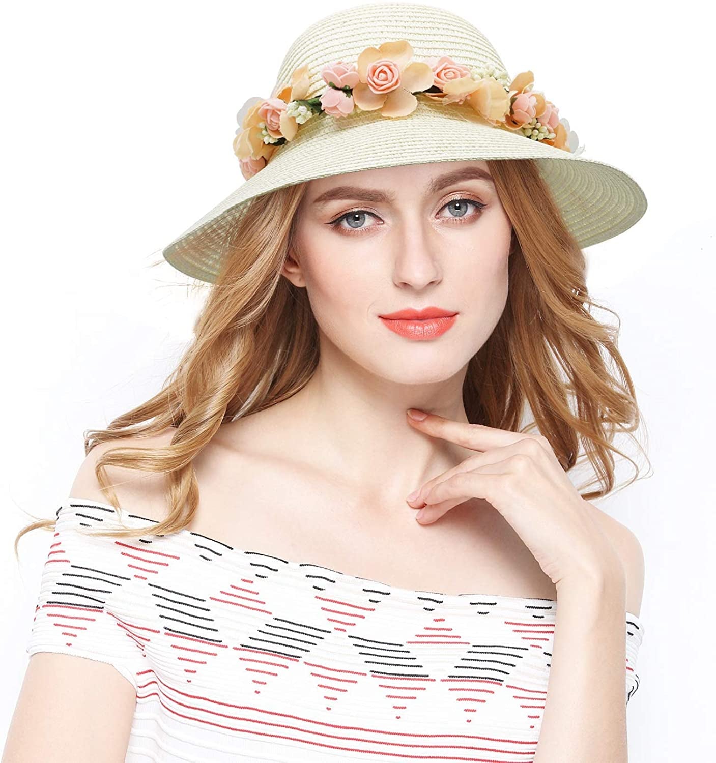 Lovful Fashion Flower Lace Ribbon Wide Brim Caps Summer Beach Sun Protective Hat Straw Hats for Women Apparel & Accessories > Clothing Accessories > Hats KYLIE MAX White  