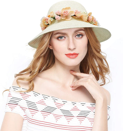 Lovful Fashion Flower Lace Ribbon Wide Brim Caps Summer Beach Sun Protective Hat Straw Hats for Women Apparel & Accessories > Clothing Accessories > Hats KYLIE MAX White  