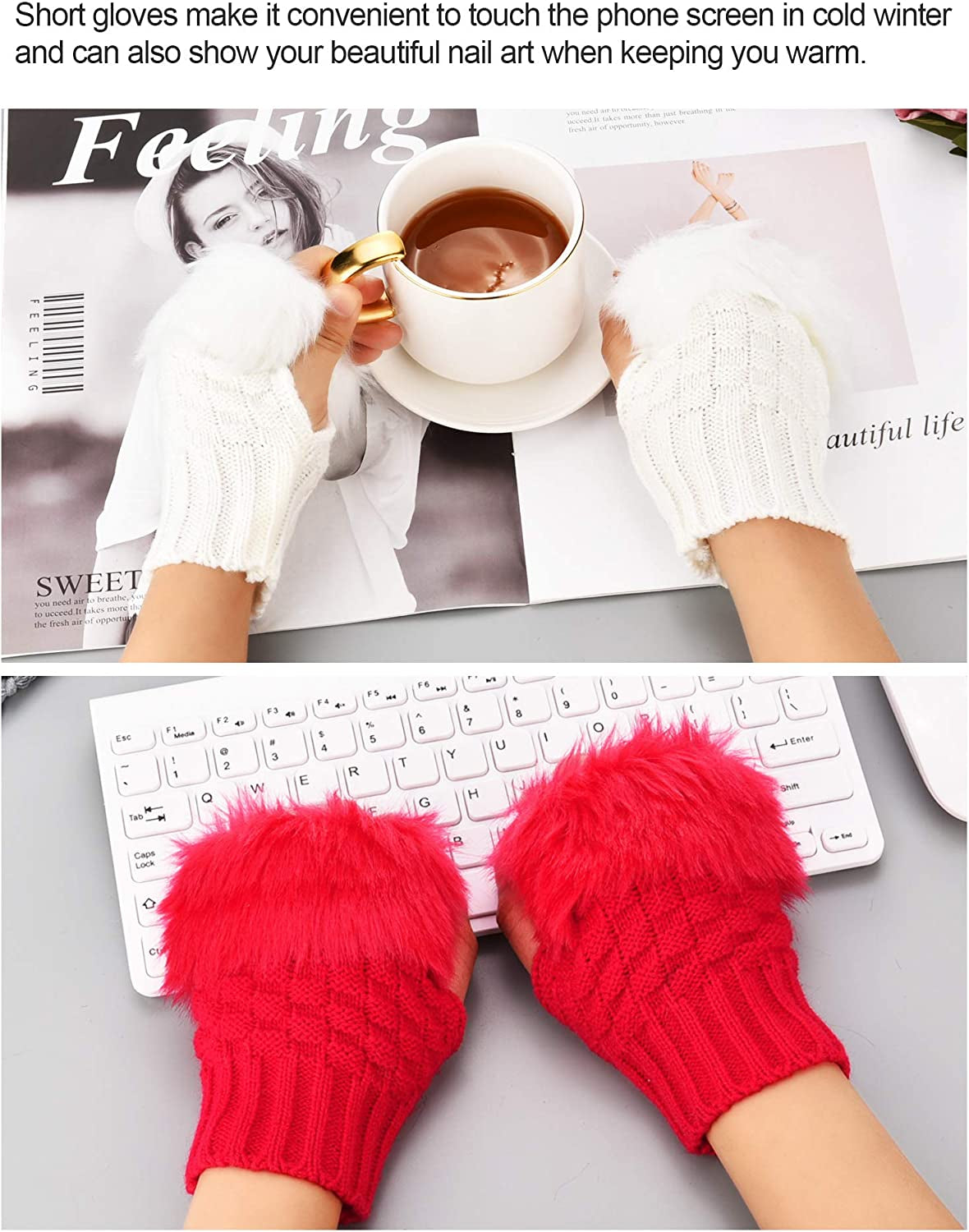Boao 2 Pairs Fingerless Winter Gloves Short Touchscreen Gloves Thumb Hole Mittens Knitted Warm Gloves with Faux Fur Apparel & Accessories > Clothing Accessories > Gloves & Mittens Boao   
