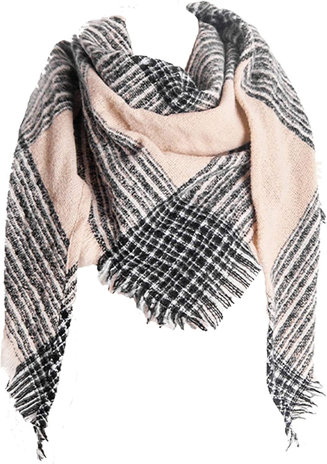 Wander Agio Womens Warm Scarf Triangle Shawls Winter Scarves Stripe Plaid Fichu Rough Surface Apparel & Accessories > Clothing Accessories > Scarves & Shawls Wander Agio Big Plaid Beige 28  