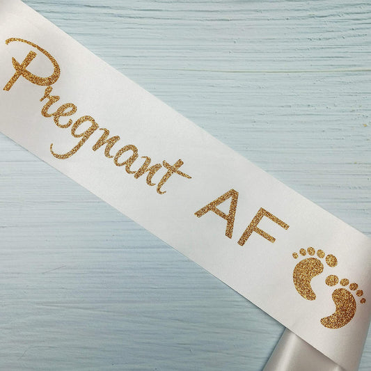 Baby Shower Mom Sash, Pregnant AF Sash for Mommy to Be, Baby Gender Reveal Pregnancy Announcement Decorations, Pink or Blue Boy or Girl Sex Reveal Supplies, Future Mummy Gift, White Apparel & Accessories > Clothing Accessories > Sashes Magnusson's Garden   