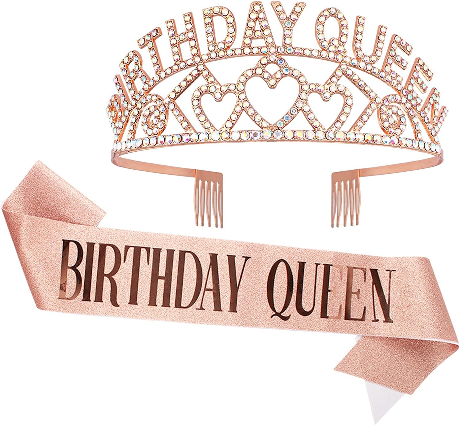 CAVETEE Gold Birthday Queen Rhinestone Tiara and Sash- Birthday Tiara and Sash Birthday Party Favors Glitter Birthday Decorations for Women（Multi Color Letter） Apparel & Accessories > Clothing Accessories > Sashes CAVETEE Ab Rose Gold Queen  