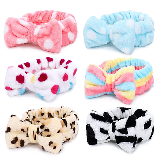 Spa Headband – 6 Pack Bow Hair Band Women Facial Makeup Head Band Soft Coral Fleece Head Wraps for Shower Washing Face Apparel & Accessories > Clothing Accessories > Bandanas & Headties LADES Multi-colored A  