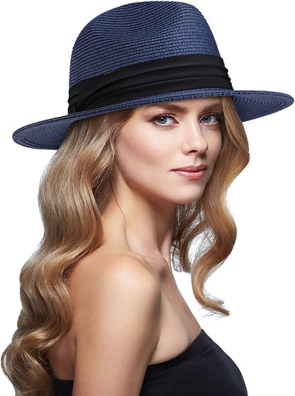 DRESHOW Women Straw Panama Hat Fedora Beach Sun Hat Wide Brim Straw Roll up Hat UPF 50+ Apparel & Accessories > Clothing Accessories > Hats DRESHOW Panama Navy  