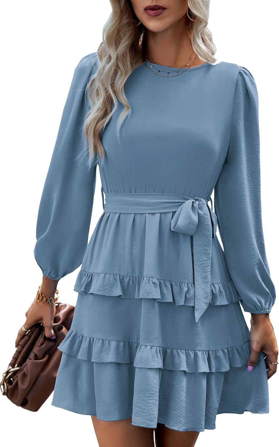 CCTOO Women'S Casual Tunic Dresses: 2023 Long Sleeve Crewneck High Waist A-Line Tiered Flowy Short Shift Mini Dress Light Blue / Large