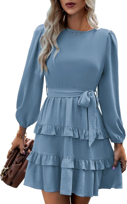 CCTOO Women'S Casual Tunic Dresses: 2023 Long Sleeve Crewneck High Waist A-Line Tiered Flowy Short Shift Mini Dress Light Blue / Large