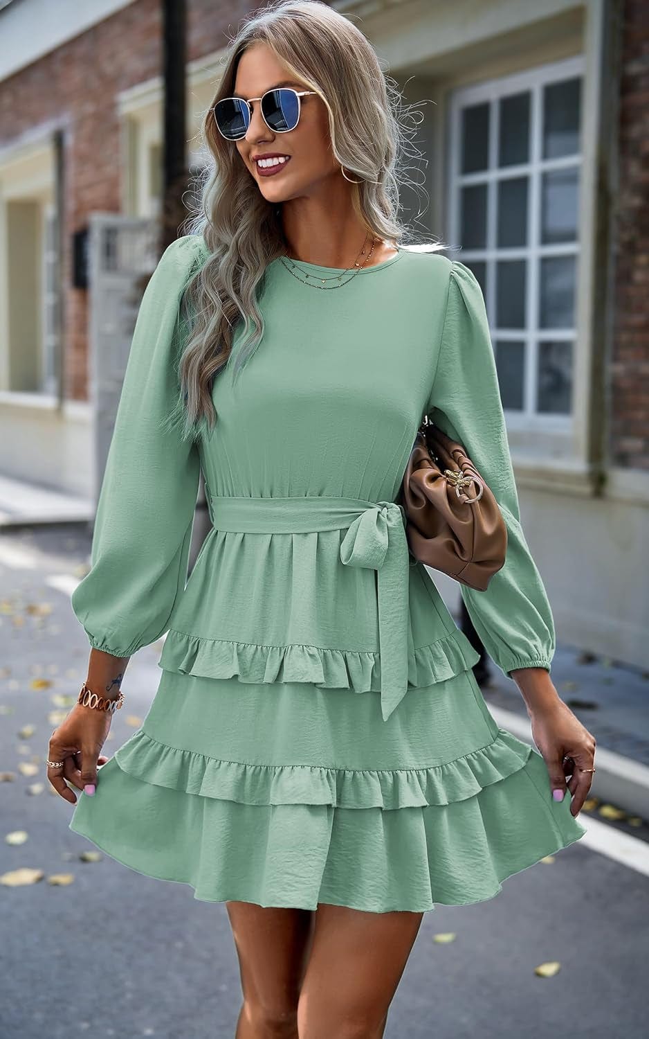 CCTOO Women'S Casual Tunic Dresses: 2023 Long Sleeve Crewneck High Waist A-Line Tiered Flowy Short Shift Mini Dress
