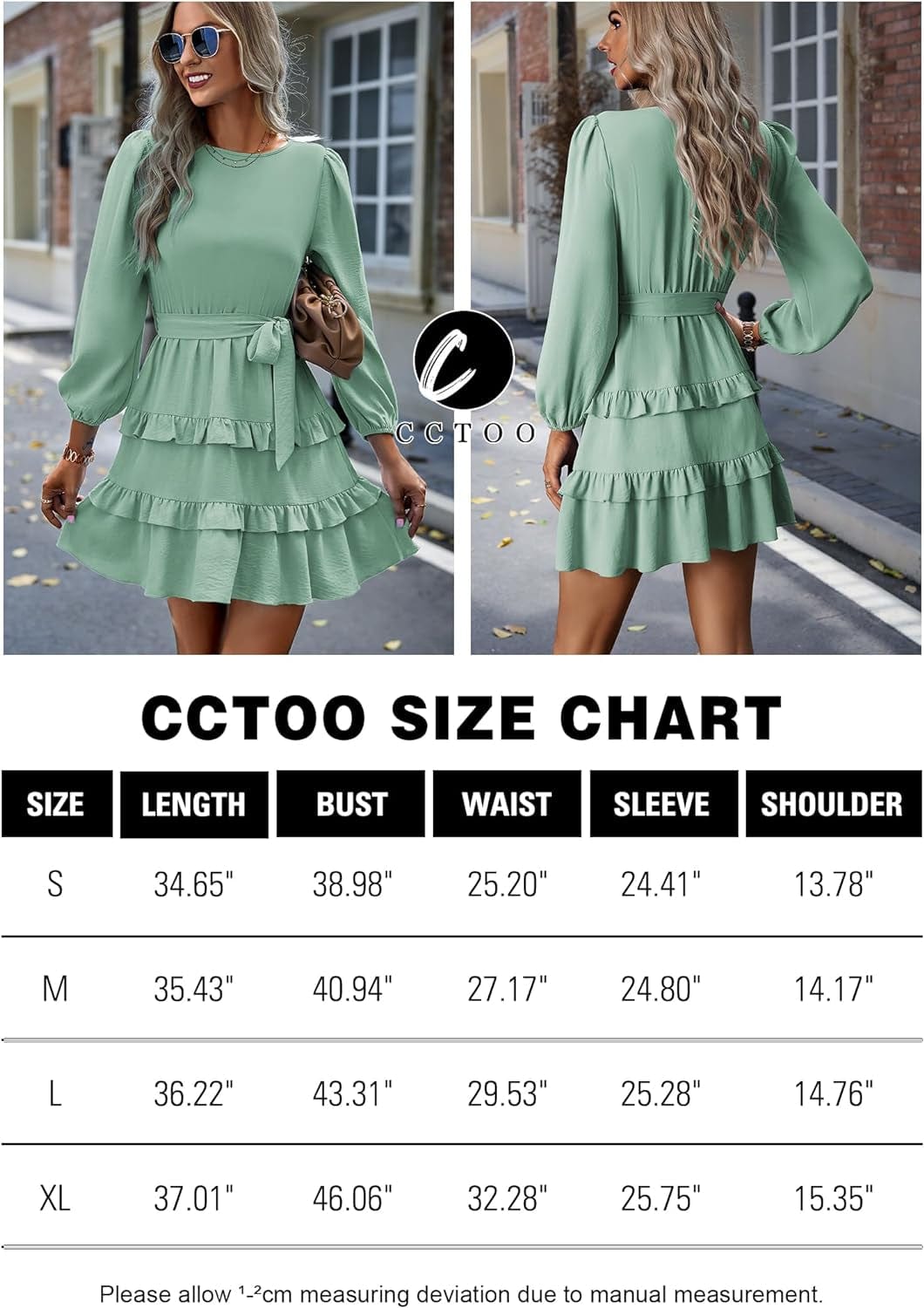 CCTOO Women'S Casual Tunic Dresses: 2023 Long Sleeve Crewneck High Waist A-Line Tiered Flowy Short Shift Mini Dress