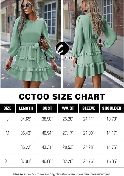 CCTOO Women'S Casual Tunic Dresses: 2023 Long Sleeve Crewneck High Waist A-Line Tiered Flowy Short Shift Mini Dress