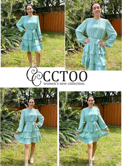 CCTOO Women'S Casual Tunic Dresses: 2023 Long Sleeve Crewneck High Waist A-Line Tiered Flowy Short Shift Mini Dress