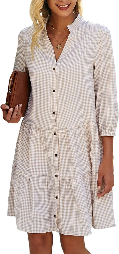 CCTOO Women'S Summer Casual Dresses - V Neck 3/4 Sleeve Button down Loose Flowy Swing Short Shirt Mini Gingham Dress Beige / Medium
