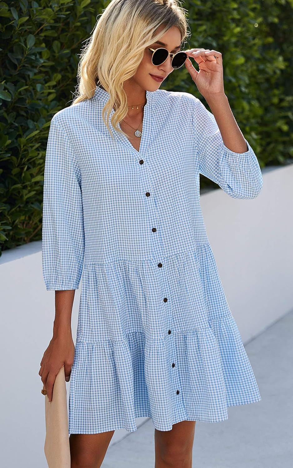 CCTOO Women'S Summer Casual Dresses - V Neck 3/4 Sleeve Button down Loose Flowy Swing Short Shirt Mini Gingham Dress