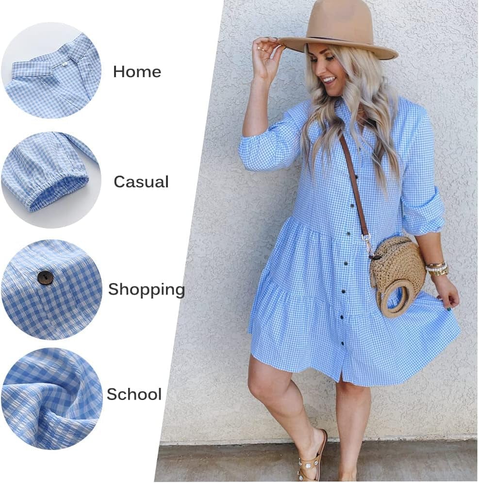 CCTOO Women'S Summer Casual Dresses - V Neck 3/4 Sleeve Button down Loose Flowy Swing Short Shirt Mini Gingham Dress
