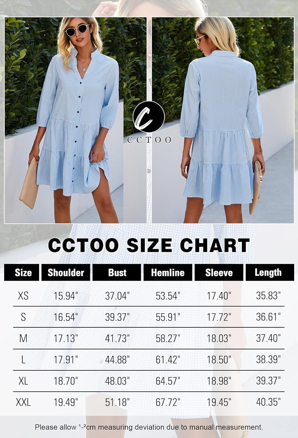 CCTOO Women'S Summer Casual Dresses - V Neck 3/4 Sleeve Button down Loose Flowy Swing Short Shirt Mini Gingham Dress