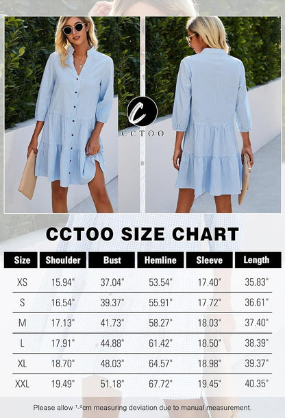 CCTOO Women'S Summer Casual Dresses - V Neck 3/4 Sleeve Button down Loose Flowy Swing Short Shirt Mini Gingham Dress