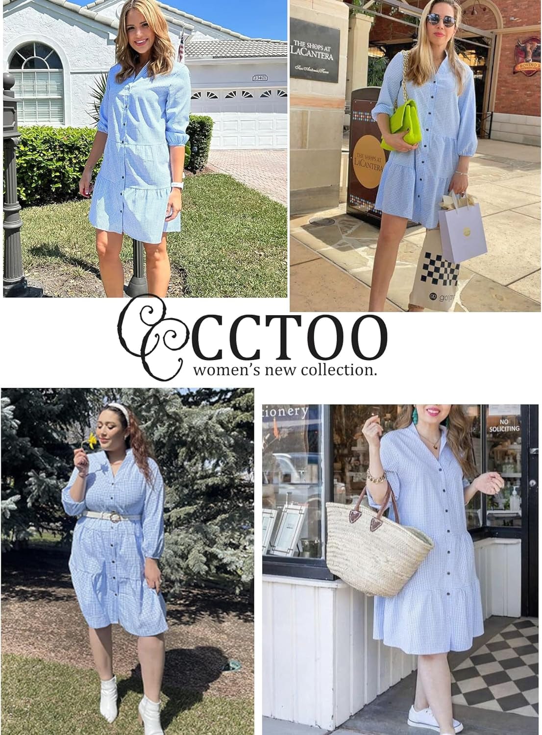 CCTOO Women'S Summer Casual Dresses - V Neck 3/4 Sleeve Button down Loose Flowy Swing Short Shirt Mini Gingham Dress